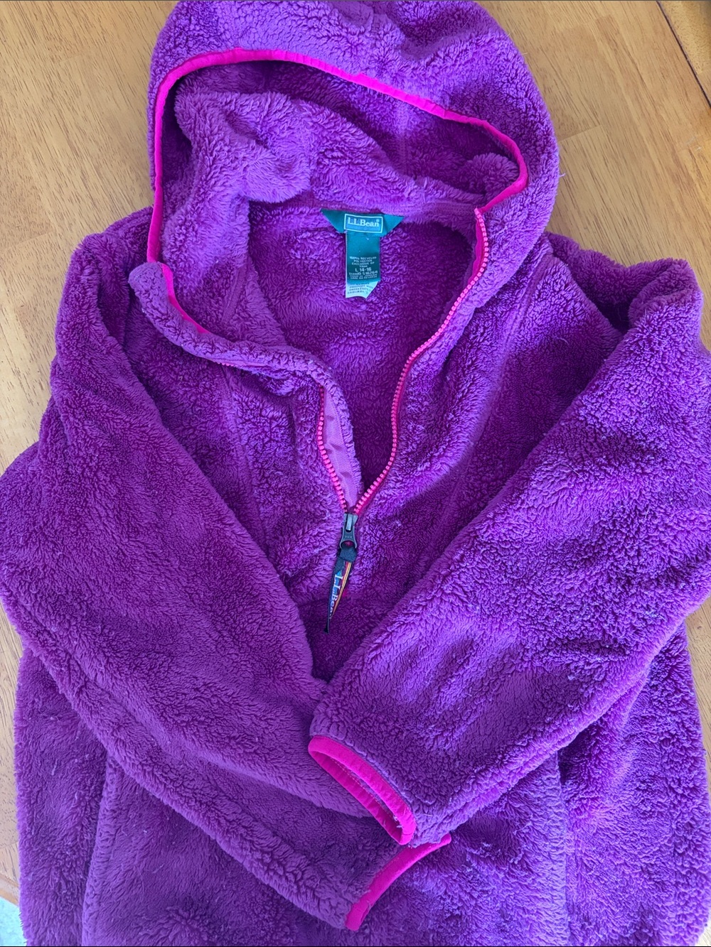 L.L. Bean Kids Plush Hooded Half-Zip Pullover - Vibrant Purple with Pink Trim
